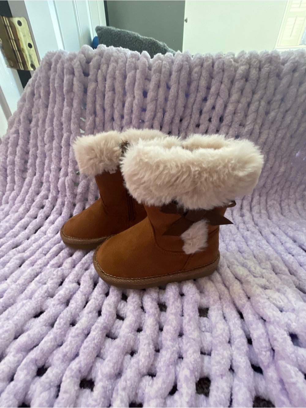 Girls' Brown Faux Suede Winter Boots with Cream Fur Trim